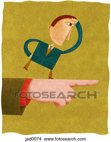 A small businessman looking out and standing on a large pointing hand View Large Illustration Stock Illustration - A small businessman looking out and standing on a large pointing hand. Fotosearch