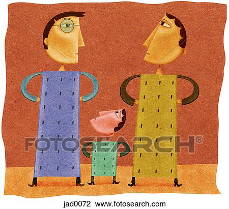 A small man with a building for a body between two men with high rise building bodies View Large Illustration Drawing - A small man with a building for a body between two men with high rise building bodies. Fotosearch