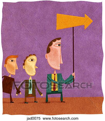 Stock Illustration - Two young businessmen following a businessman with an arrow. Fotosearch