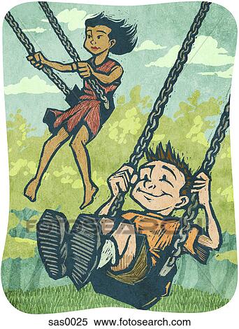 Stock Illustration - A boy and girl on swings. Fotosearch
