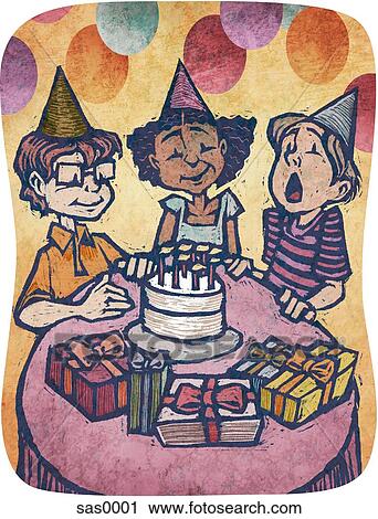 Clip Art - A boy blowing out candles on a cake at a birthday party. Fotosearch