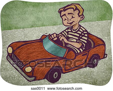 A boy in a toy car View Large Illustration Clip Art - A boy in a toy car. Fotosearch