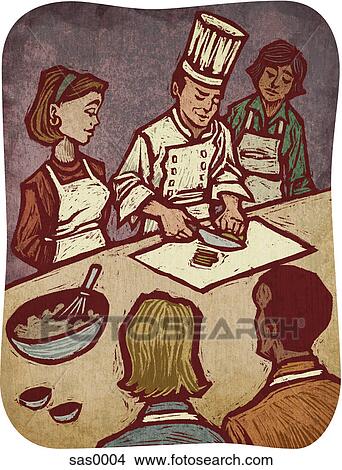 Stock Illustration - A chef doing a demonstration in a cooking class. Fotosearch