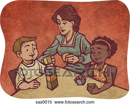 Stock Illustration - A child care worker playing blocks with two children. Fotosearch