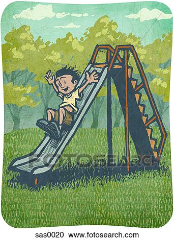 Clipart - A little boy going down a slide. Fotosearch
