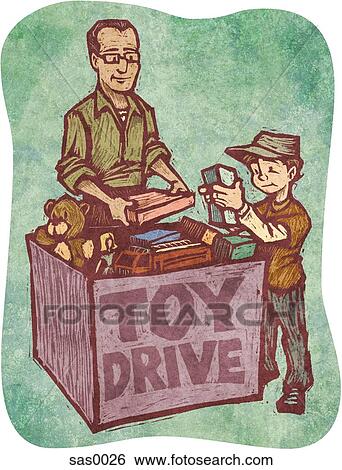 Stock Illustration - A man and a boy at a toy drive. Fotosearch
