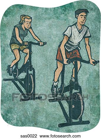 A man and a woman on exercise bikes View Large Illustration Drawing - A man and a woman on exercise bikes. Fotosearch