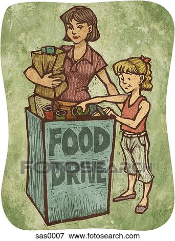 Stock Illustration - A mother and daughter bringing donations to a food drive. Fotosearch