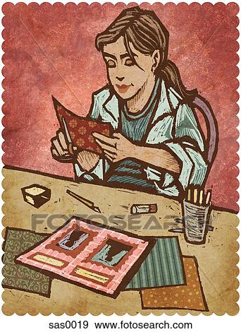 A woman cutting papers and creating a scrapbook View Large Illustration Stock Illustration - A woman cutting papers and creating a scrapbook. Fotosearch