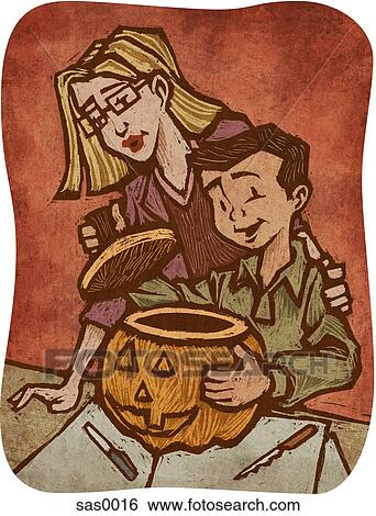 A woman helping a boy carve a pumpkin View Large Illustration Stock Illustration - A woman helping a boy carve a pumpkin. Fotosearch