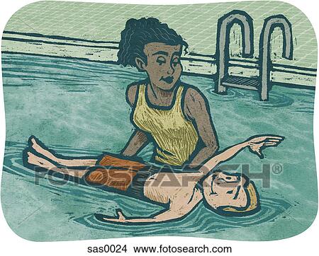 Stock Illustration - A woman teaching a boy to swim. Fotosearch
