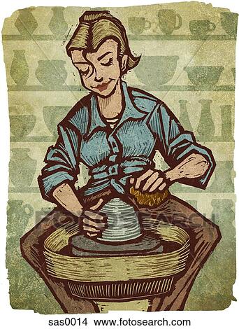 Stock Illustration - A woman using a pottery wheel. Fotosearch
