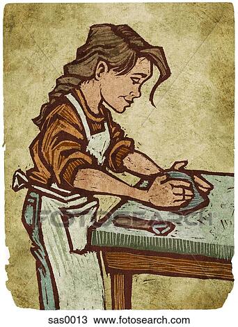 Drawing - A woman working with clay. Fotosearch