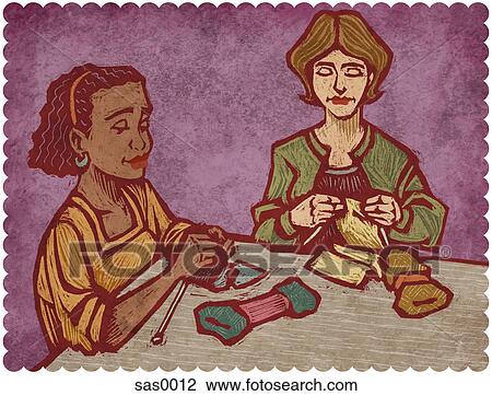 Two women knitting View Large Illustration Drawing - Two women knitting. Fotosearch
