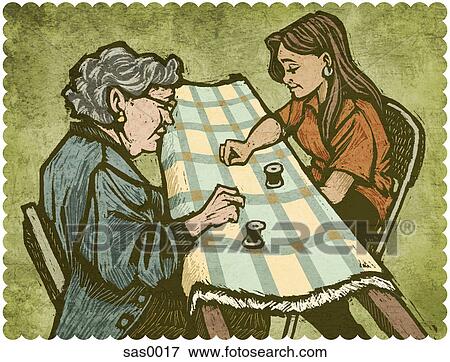 Stock Illustration - Two women making a quilt together. Fotosearch