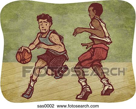 Drawing - Two young men playing basketball. Fotosearch