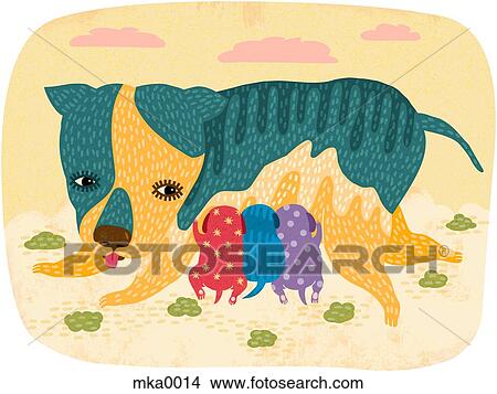 A dog nursing multicolored puppies View Large Illustration Stock Illustration - A dog nursing multicolored puppies. Fotosearch
