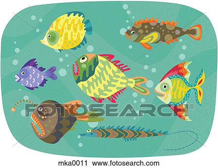 Different types of fish swimming together View Large Illustration Clip Art - Different types of fish swimming together. Fotosearch