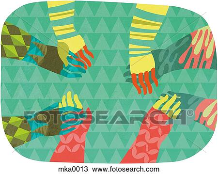 Four pairs of multicolored hands holding hands in a circle View Large Illustration Drawing - Four pairs of multicolored hands holding hands in a circle. Fotosearch