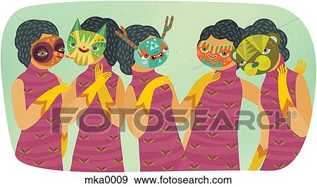 Stock Illustration - Identically dressed women wearing different masks. Fotosearch