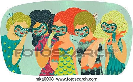 Stock Illustration - Multi-racial men and women all wearing identical masks. Fotosearch