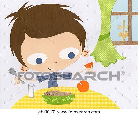 Stock Illustration - A paper cut illustration of a boy having milk and eating oatmeal and an orange for breakfast. Fotosearch