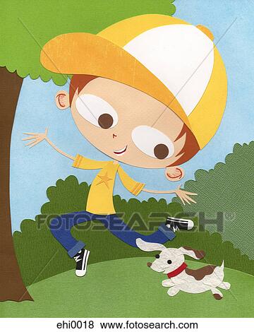 Stock Illustration - A paper cut illustration of a boy playing outdoors with his pet dog. Fotosearch