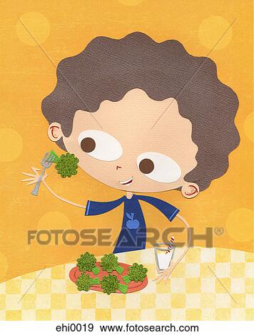 A paper cut illustration of a boy eating broccoli and drinking milk View Large Illustration Stock Illustration - A paper cut illustration of a boy eating broccoli and drinking milk. Fotosearch