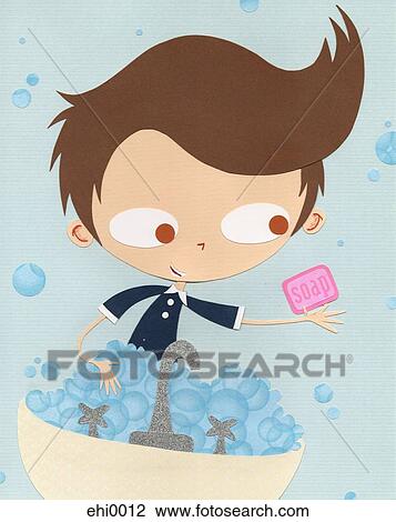 Drawing - A paper cut illustration of a boy using soap to wash his hands. Fotosearch