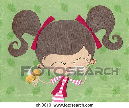 Clipart - A paper cut illustration of a girl using tissues on a runny nose. Fotosearch