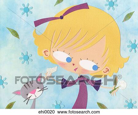 A paper cut illustration of a girl with allergies surrounded by flowers and next to a cat View Large Illustration Clipart - A paper cut illustration of a girl with allergies surrounded by flowers and next to a cat. Fotosearch