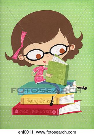 A paper cut illustration of a little girl wearing glasses and reading books View Large Illustration Clip Art - A paper cut illustration of a little girl wearing glasses and reading books. Fotosearch
