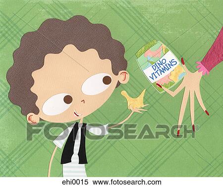 Stock Illustration - A paper cut illustration of a young boy taking vitamins. Fotosearch