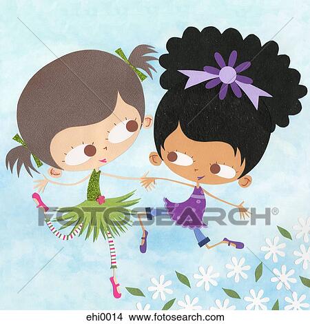 Stock Illustration - A paper cut illustration of two girls playing outdoors around flowers. Fotosearch