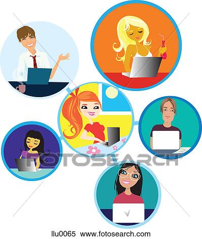 A depiction of an online network of people using their computers View Large Illustration Stock Illustration - A depiction of an online network of people using their computers. Fotosearch