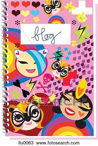 Drawing - A girls journal covered with stickers and with the word blog written on the cover. Fotosearch