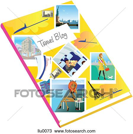 A journal covered with photographs and the words Travel Blog View Large Illustration Drawing - A journal covered with photographs and the words Travel Blog. Fotosearch