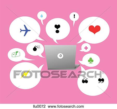Drawing - A laptop computer with many speech bubbles containing different symbols. Fotosearch