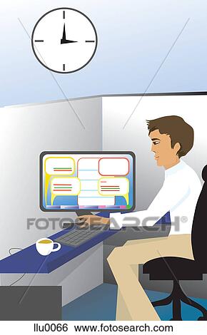 Stock Illustration - A man at his desk in an open office environment with instant messaging bubbles all over his computer monitor. Fotosearch