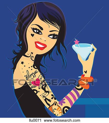 A stylish woman with the word blogger tattooed on her arm, having a cocktail View Large Illustration Clip Art - A stylish woman with the word blogger tattooed on her arm, having a cocktail. Fotosearch