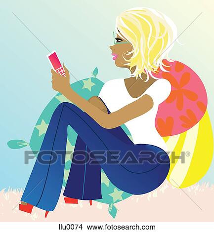 Stock Illustration - A woman sitting on pillows and text messaging on her cell phone. Fotosearch