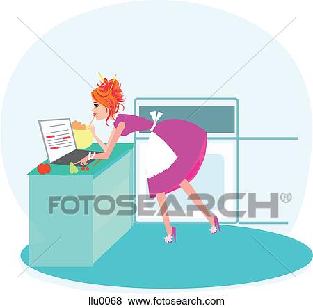 Stock Illustration - A woman typing on her laptop while cooking. Fotosearch