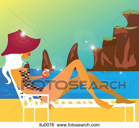 Stock Illustration - A woman using a personal digital assistant while sunbathing on a beach. Fotosearch