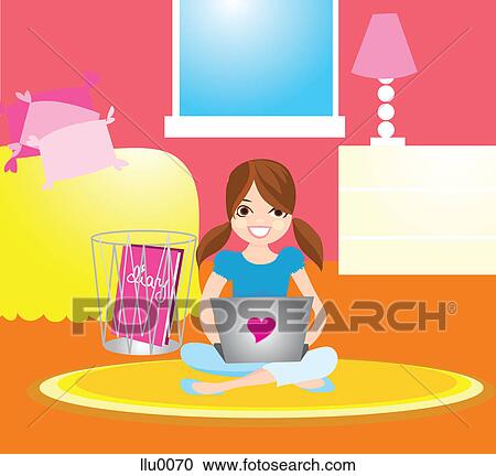 Clipart - A young girl sitting on the floor with her laptop and her diary in the waste paper basket. Fotosearch