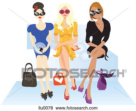 Stock Illustration - Three fashionable seated women holding their personal digital assitants in their hands. Fotosearch