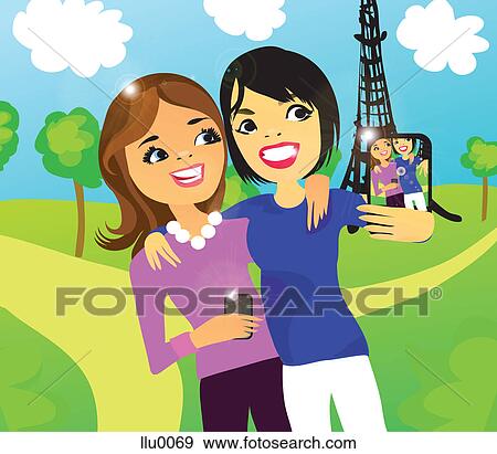 Two women taking a photo of themselves in front of the Eiffel Tower with a digital phone View Large Illustration Stock Illustration - Two women taking a photo of themselves in front of the Eiffel Tower with a digital phone. Fotosearch