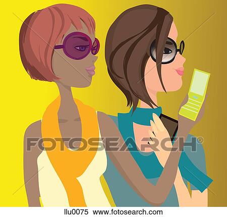 Two women text messaging on their cell phones View Large Illustration Stock Illustration - Two women text messaging on their cell phones. Fotosearch