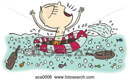 Stock Illustration - A helpless man in a sinking dinghy. Fotosearch