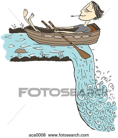 Stock Illustration - A man relaxing in a row boat about to go over a waterfall. Fotosearch