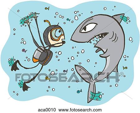 A scuba diver face to face with an angry shark View Large Illustration Clipart - A scuba diver face to face with an angry shark. Fotosearch